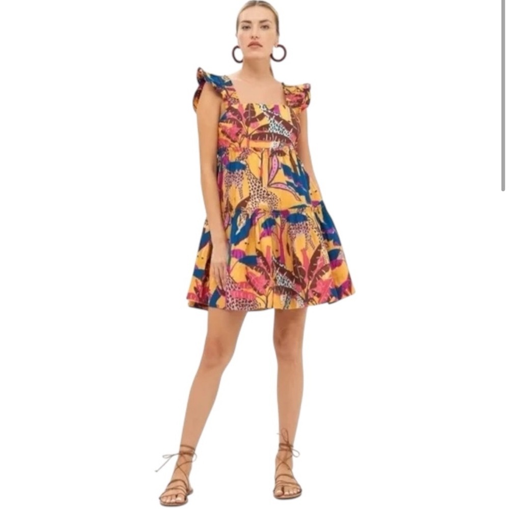 Oliphant Square Neck Tiered Mini Dress‎ Kruger Saffron Giraffe Print Rare XS